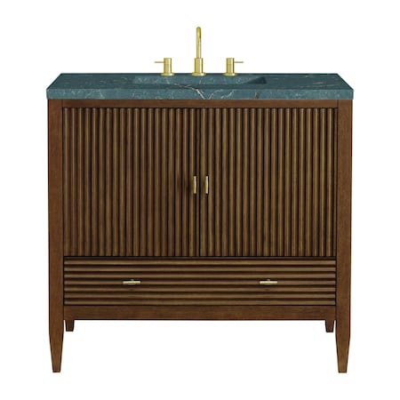 James Martin Vanities 36'' Vanity, Mid Century Walnut w/ 3 CM Parisien Bleu Quartz Top 485-V36-WLT-3PBL